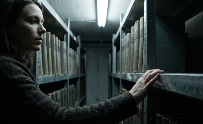 Narrow basement records aisle lined with plain unmarked bound volumes, where a specific file can be reached