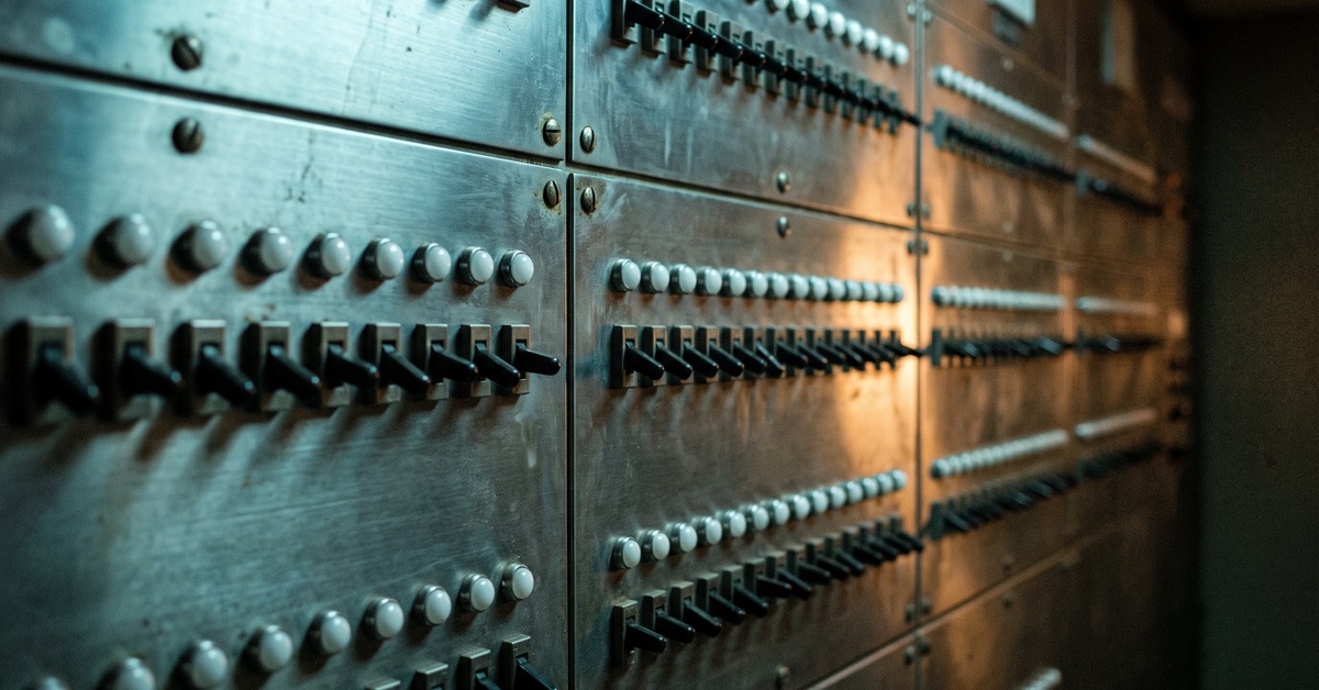 Rows of unmarked switches and blank indicator lamps on a steel panel, lit from one side