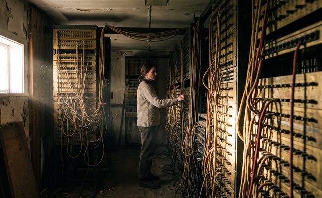 Rows of brass jack fields and cloth patch cords in a rural telephone exchange