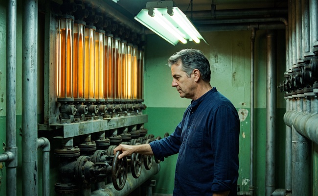 Glass sight tubes glowing amber above cast iron valve wheels in a plant control room
