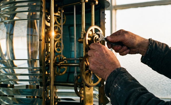 Weathered hands adjusting brass clockwork beside a lighthouse lens assembly