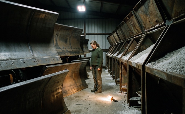 Stacked plow blades and salt hoppers in a maintenance depot before dawn