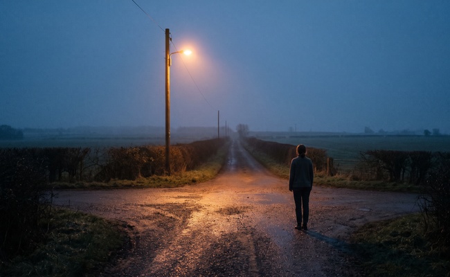 A single pole light over a wet rural crossroads before dawn