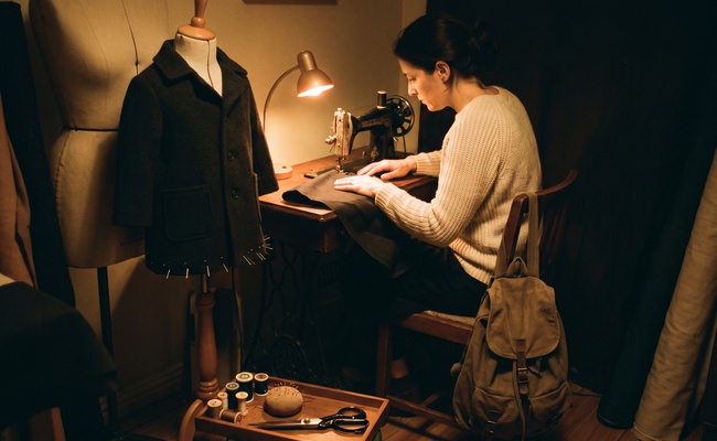 woman in sweater working on making a child's coat