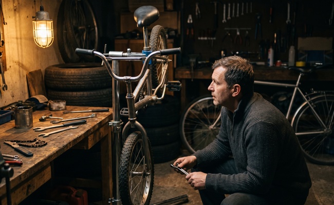 Man repairing a small child's bicycle on a stand in a garage at night