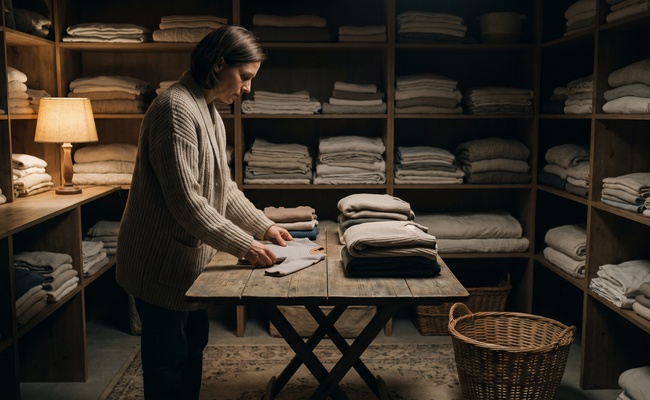Two stacks of folded laundry in different sizes on a table in a linen room