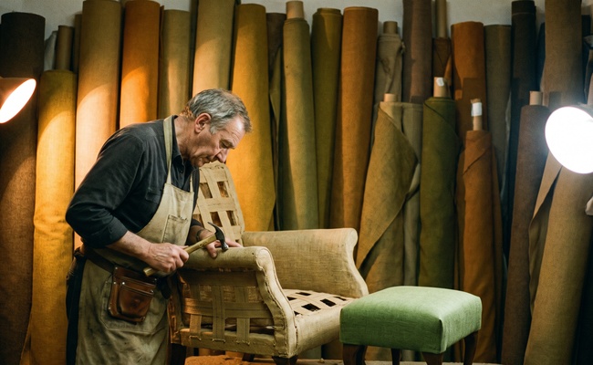 Upholsterer working on an armchair beside a finished child-sized footstool
