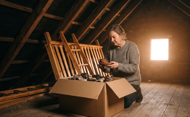 Woman lifting a small outgrown shoe from a carton beside a dismantled bunk frame