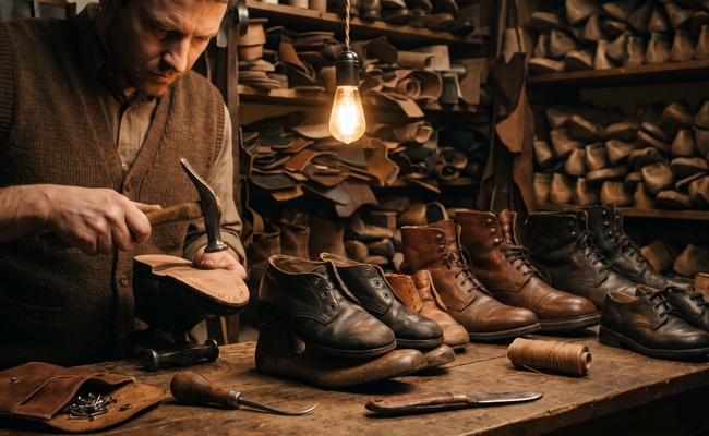 Cobbler tacking a sole on a child's shoe beside a row of larger adult shoes