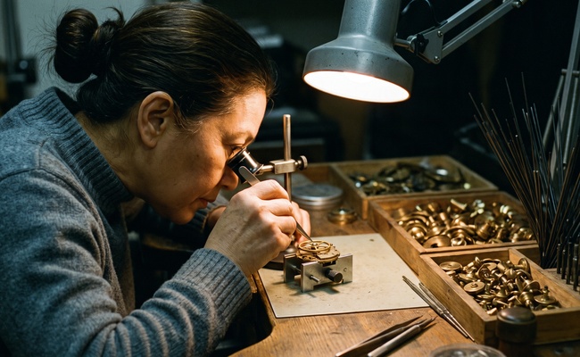 A watchmaker examining a balance wheel under a loupe at a night bench