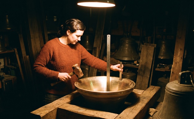 A bell tuner with a leather-faced hammer beside a large bronze bell at night