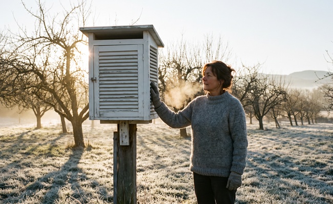 A louvred instrument shelter closed in a frost hollow at the edge of a bare orchard at dawn