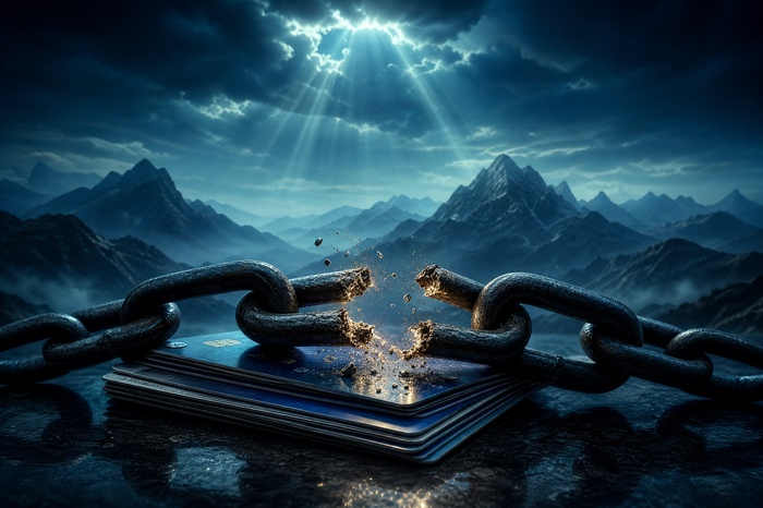 Broken chain wrapped around credit cards showing real credit card debt forgiveness