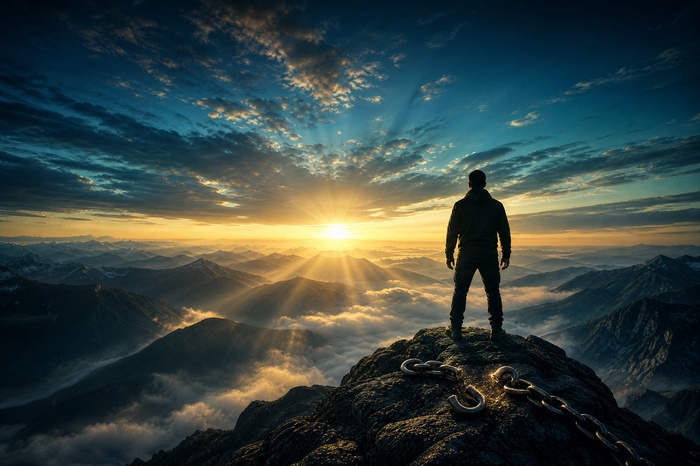 Person on summit at sunrise with broken chain after achieving debt forgiveness