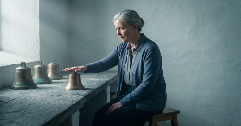 A person presses one hand over a bronze bell while three other bells sit nearby, illustrating how hard inquiries affect credit.