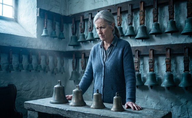 Four bronze handbells stand side by side on a stone workbench as a person studies them.
