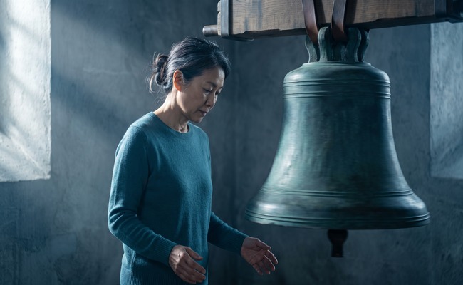 A person stands beside a large hanging bronze bell with hands lowered as the sound fades.
