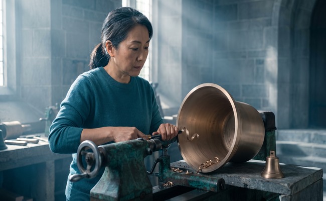 A bell tuner cuts a fine shaving from the inside lip of a large bronze bell on a lathe.