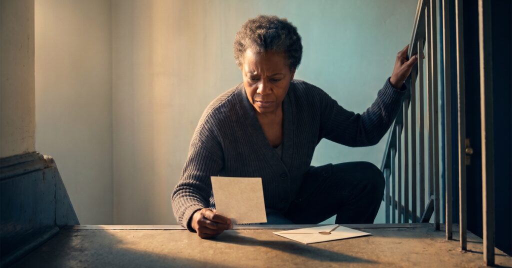 A person studies an unmarked card on an apartment stair landing while planning how to remove an authorized user.