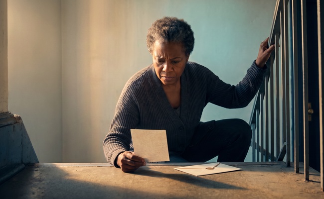 Person studies a plain card on a stair landing after discovering an authorized-user account remains connected to a credit file.