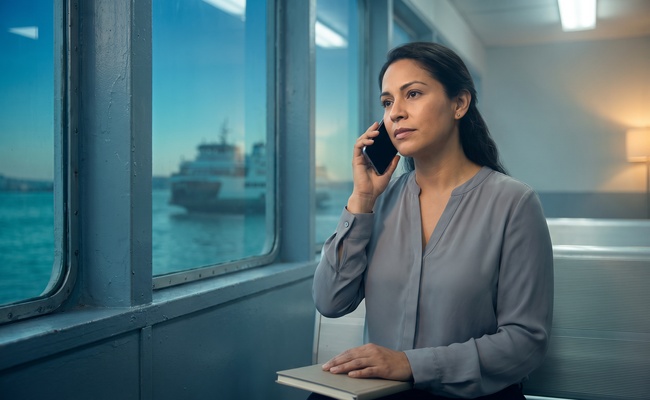 Person makes a careful phone call in a ferry terminal while requesting authorized-user removal.