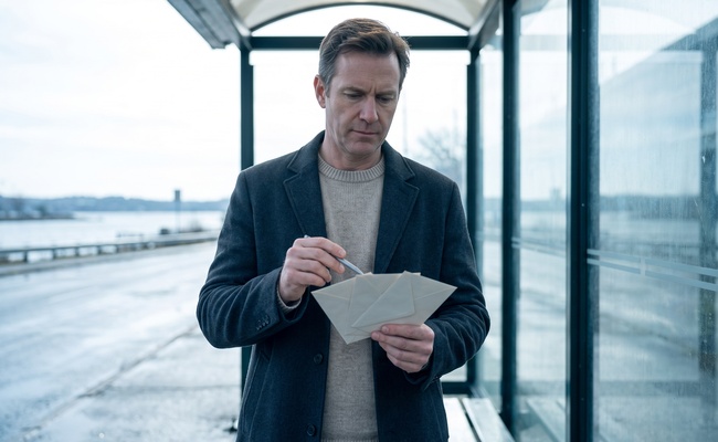 Person compares three closed unmarked report envelopes at an open-air bus shelter.