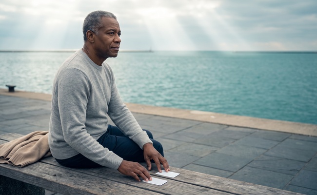 Person considers unmarked cards beside open water while planning independent credit steps.