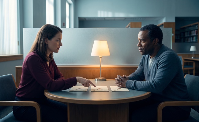 Two people discuss closed account documents at a library consultation table.