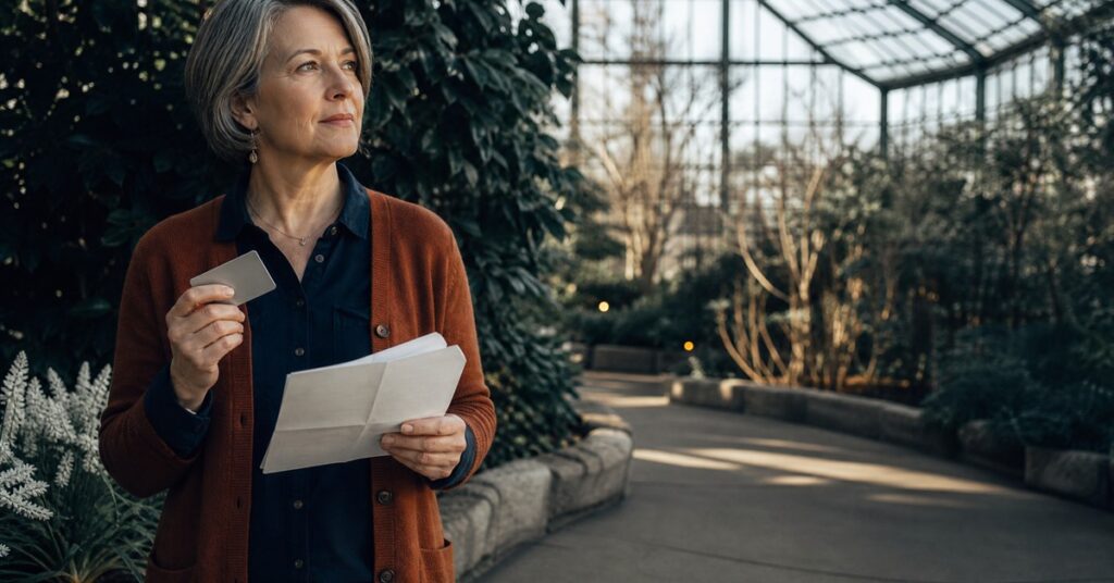 A person stands in a beautiful conservatory while she considers closing a credit card account.