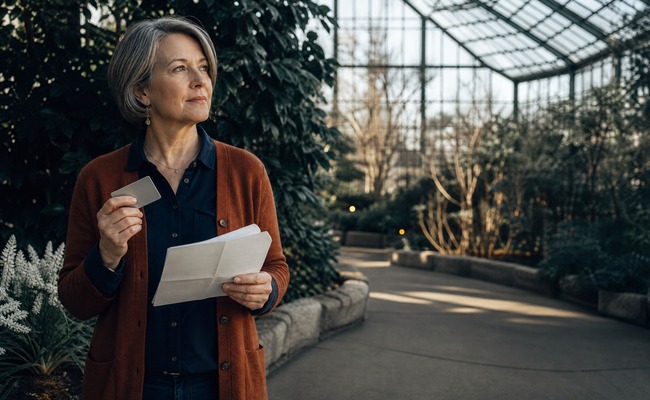 A person studies an unmarked credit card and blank worksheet in a botanical conservatory while she considers closing a credit card.