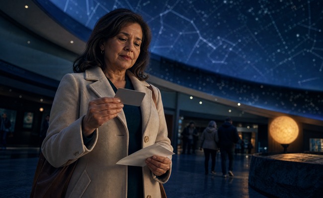 A person considers a face-down credit card and blank fee envelope in a planetarium foyer.