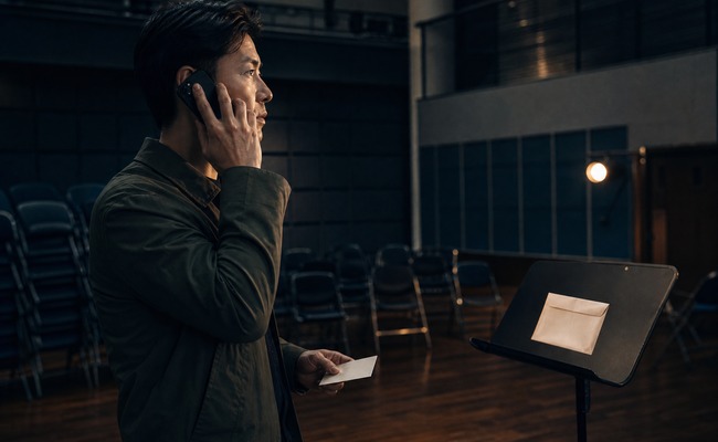 A person calls a card issuer beside an unmarked confirmation envelope in an empty rehearsal hall.