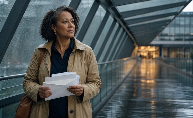 A person holds an unmarked dispute envelope beneath a covered pedestrian bridge in the rain.