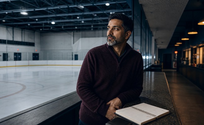 A person reviews a blank monthly planner beside a closed wallet at an empty skating rink.