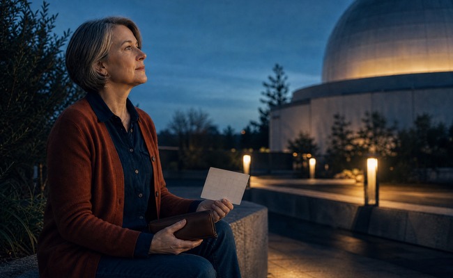 A person holds a blank review card beside a closed wallet in a planetarium courtyard at blue hour.