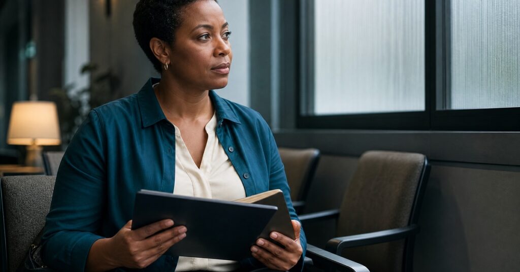 A person reviews a closed folder in a quiet legal-aid lobby while planning how to rebuild credit after settling debt.