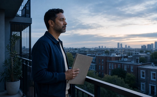 A person reviews a closed plain folder at an apartment balcony rail while comparing credit-report information.