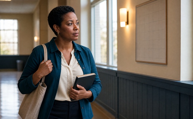 A person walks through a quiet fellowship hall while organizing a sustainable budget after debt settlement.