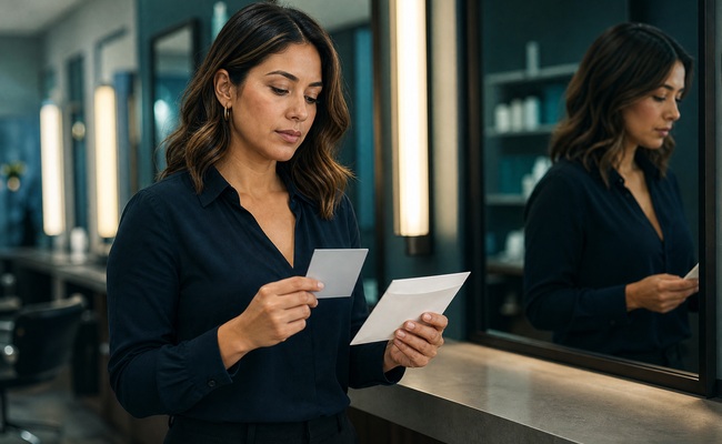 A person considers a plain envelope and card-sized object at an unbranded salon station while choosing a manageable credit tool.