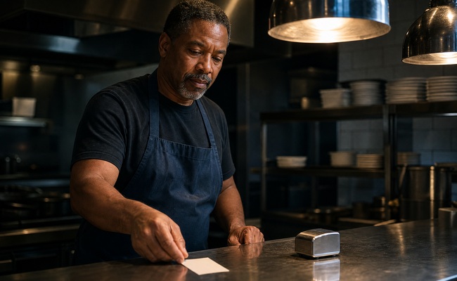 A restaurant worker places a plain ticket face down at the kitchen pass while maintaining a steady payment routine.