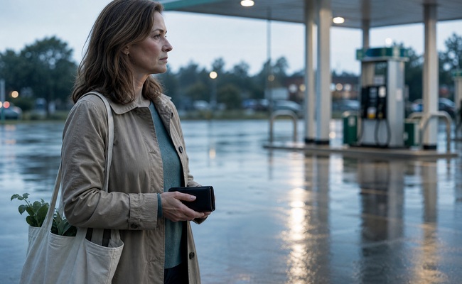 A person pauses beside a wet gas-station forecourt with a closed wallet while avoiding a rushed financial decision.