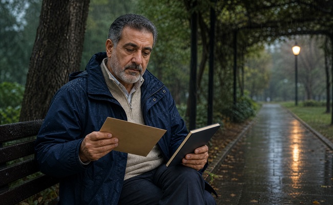 A person reviews a plain closed envelope and notebook on a rainy park bench while preparing to monitor a credit file.