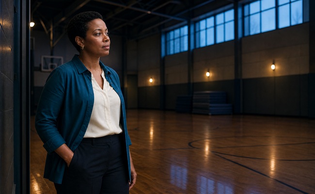 A person stands calmly in an empty community-center gymnasium after hours, representing steady credit-rebuilding progress.