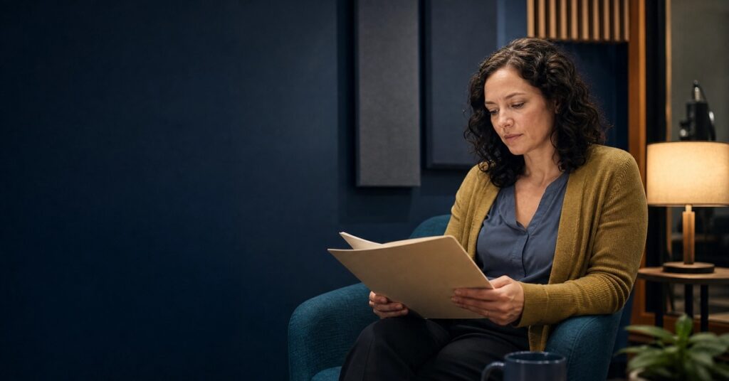 A person reviews a plain folder in a public-radio studio lounge while checking a credit report after bankruptcy.