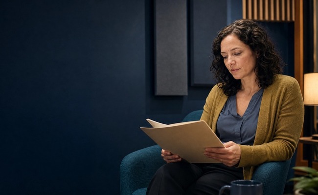 A person reviews a plain folder in a public-radio studio lounge while checking a credit report after bankruptcy.