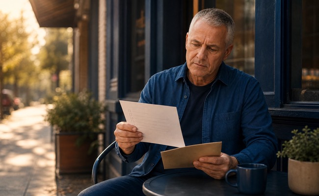 A person compares a plain checklist and sealed envelope on a neighborhood bakery patio while reviewing a credit report after bankruptcy.