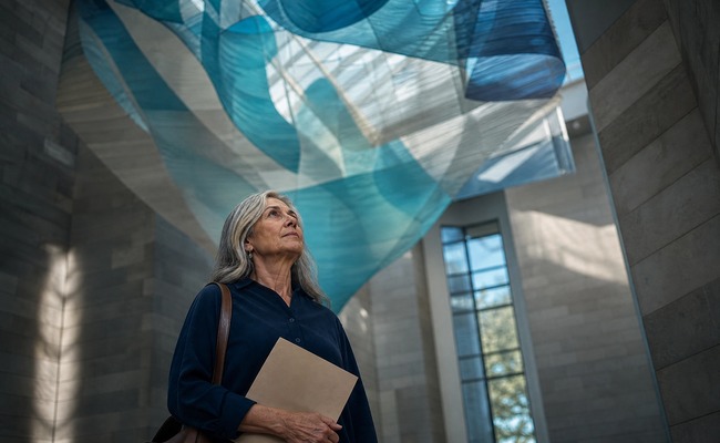 A person holds a plain folder beneath a suspended sculpture in a natural-history museum atrium while considering a reporting question.