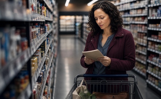 A person checks a plain notebook beside a shopping cart in a grocery-store aisle while preparing a documented dispute.