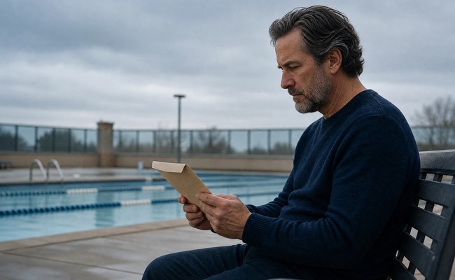 A person reviews a sealed envelope on a public swimming-pool terrace while organizing a reporting dispute.