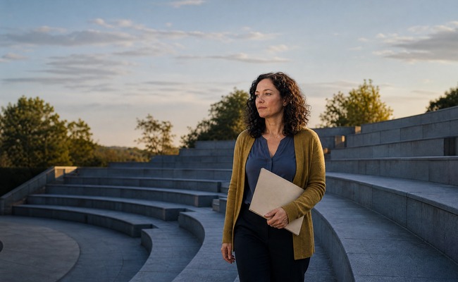 A person walks beside empty outdoor amphitheater seating with a plain folder while planning a careful report review.